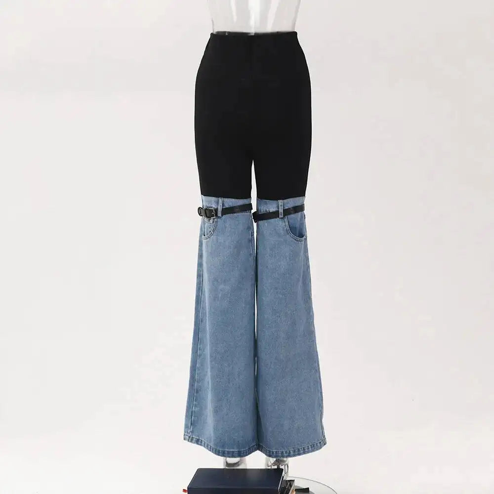 LGRQ Denim Patchwork Pants For Women Fashion New High Waist Contrast Color Belt Straight Pant Female 2026 Summer New 17A2013H