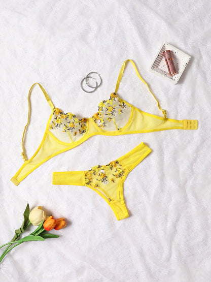 Women Sexy Lace Lingerie Push Up Lingerie Semi-Sheer Bra And Panty Sets Female Erotic Underwear Flower Embroidery Bralette Set