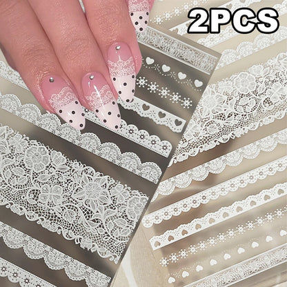 2pcs Y2K White Lace 5D Nail Art Stickers White Embossed Flowers Petals Elegant French Decals Wedding Nails Manicure Decorations*