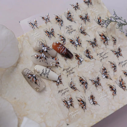 Shiny Jelly Butterfly Charming Golden Gradient Bowknot 5D Self Adhesive Nail Art Sticker Flower Petal Rhinestone Manicure Decals