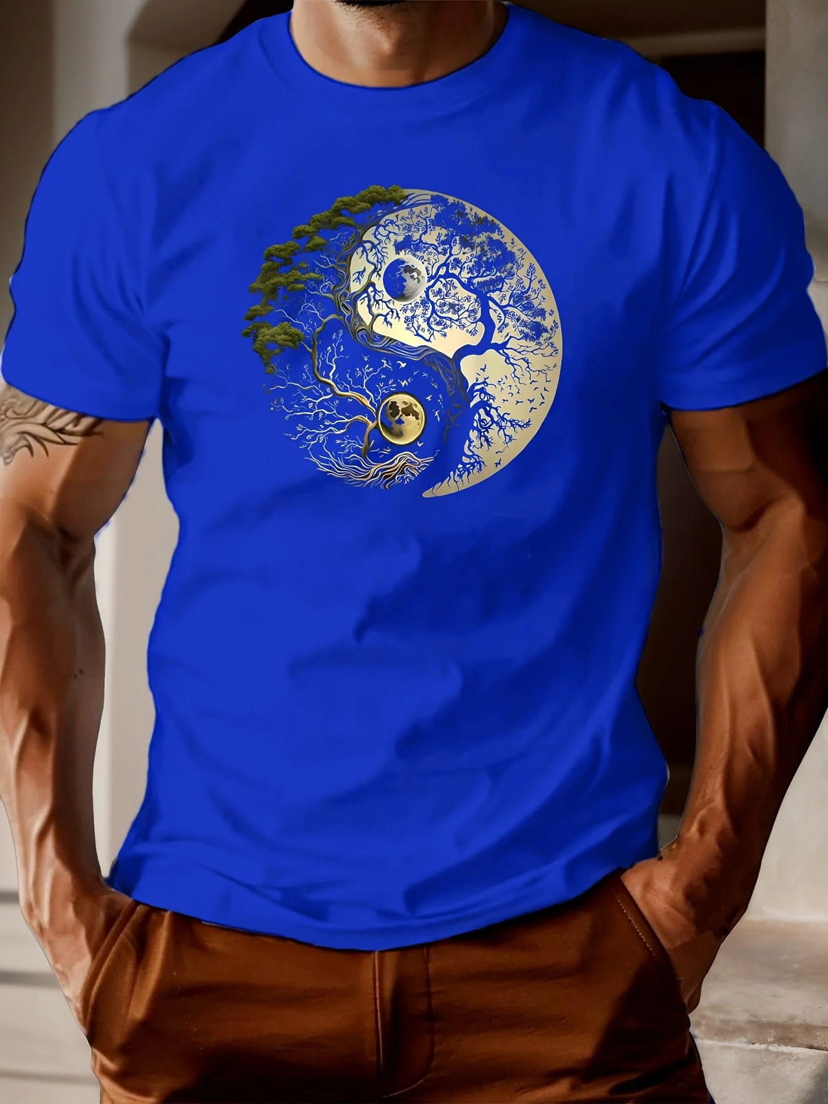 Men's Summer 100% Pure Cotton Casual Loose Sports T-Shirt Yin-Yang Tree Pattern Print round Neck Short-Sleeved Top
