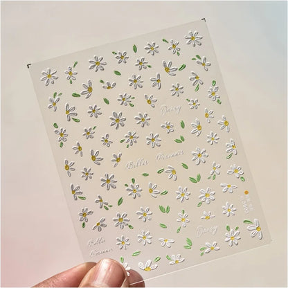 1Sheet 5D Soft Embossed Relief Nail Stickers Cute Daisies Self Adhesive Slider Stickers Press On Nails DIY Japanese Nail Art Dec