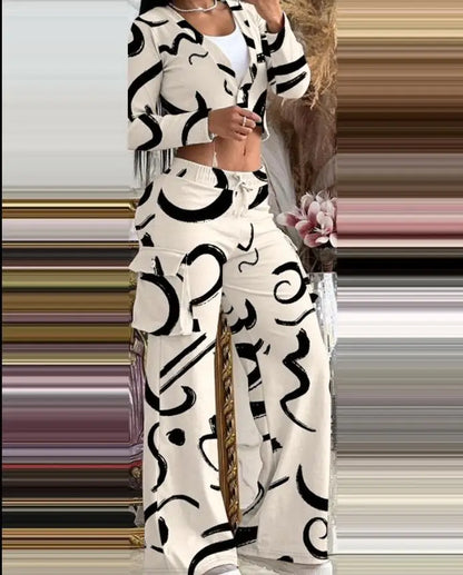 Autumn Fashionable And Elegant Solid Color Women's Suit Long-sleeved V-neck Short Coat Pocket Wide-leg Drawstring Trousers Suit