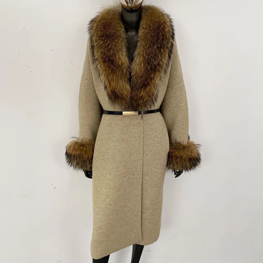 Long Knitwear Coat Women Warm Belt Real Fox Fur Jacket Female 2024 New Autumn Winter Kintted Natural Fur Coat Women