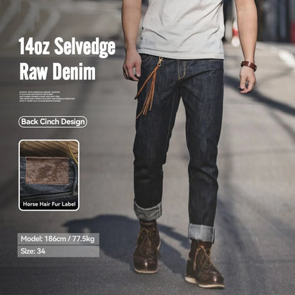Maden Vintage Raw Denim Jeans for Men 14.8 OZ Jeans Denim Washed Straight Tapered Fit Pants Mid Waist Casual Trousers