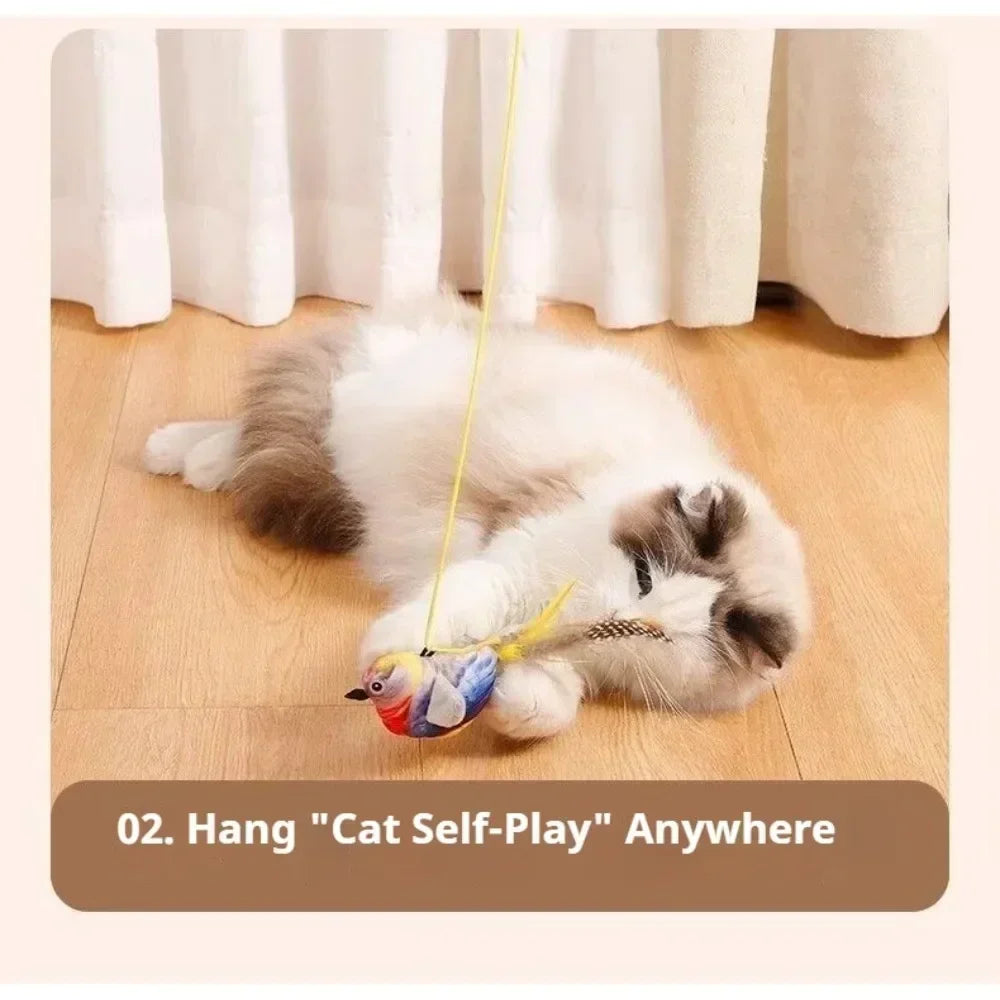 Bird Sound Cat Toy Brown Green Blue Color Options and Combination Set Plush Feather Hanging Teaser for Indoor Cats Chasing Play