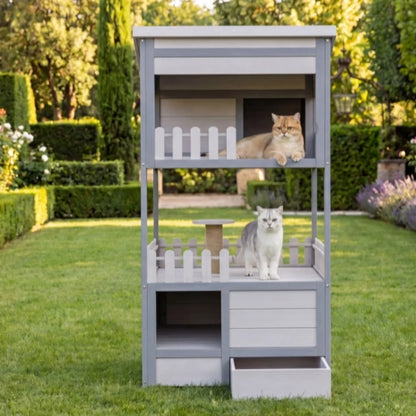 Outdoor cat house, pine cat house, rainproof outdoor cat shelter, solid wood pet cage, winter warm cat bed, with galvanized cat litter box, size 68 x 64 x 124 cm, gray