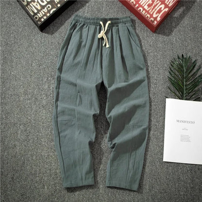 Streetwear Men Cotton Trousers Casual Solid Color Long Pants Breathable Drawstring Straight Pants Harem Pants Men Baggy Pants