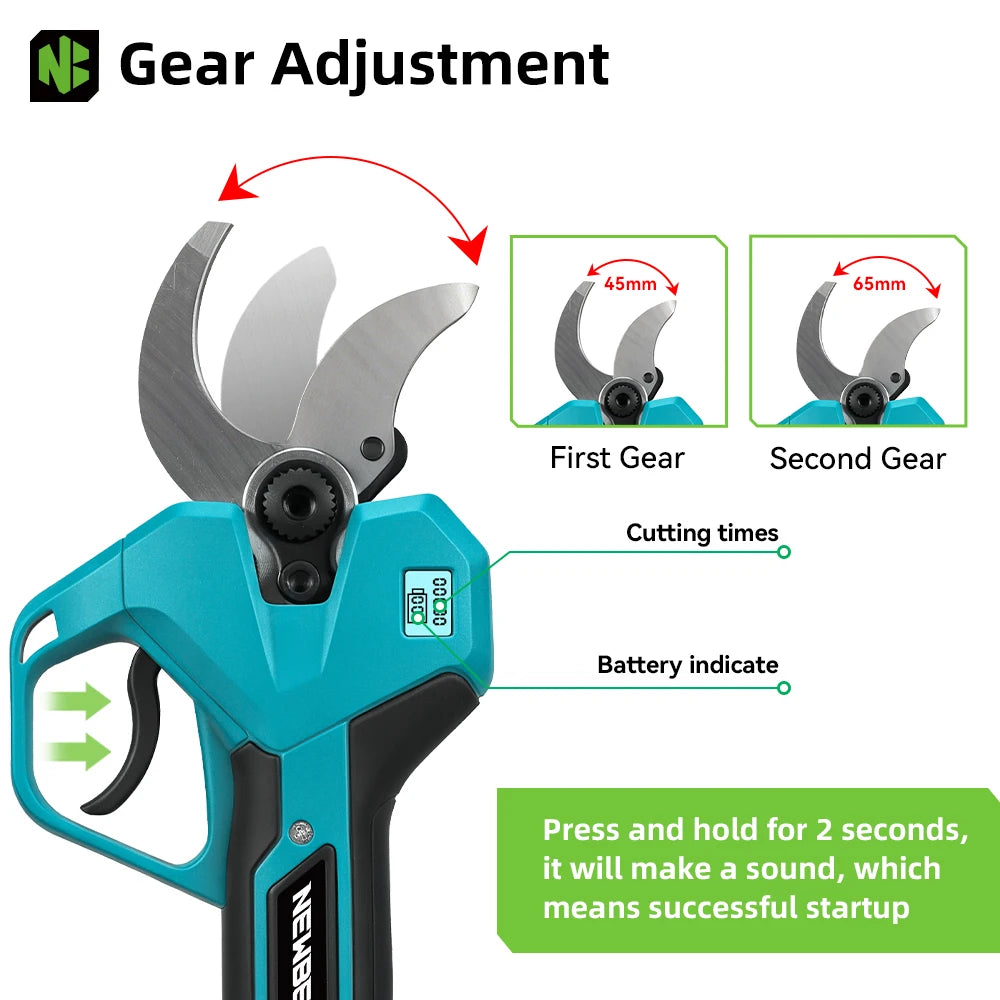 NEWBENY 65MM 2 Gears Brushless Electric Scissors Cordless Pruning Shears Fruit Tree Branch Power Tools For Makita Battery Pin