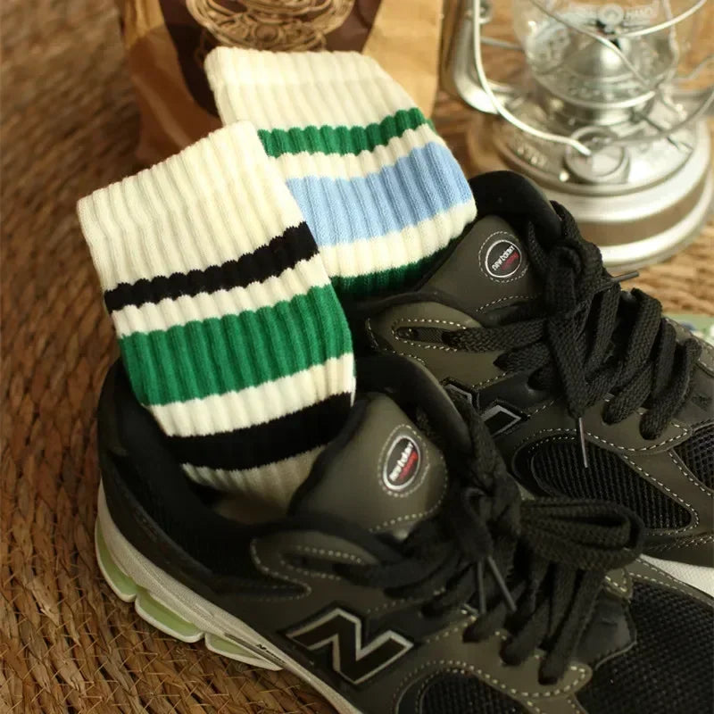Men's Striped Basketball Medium Tube Socks Vintage Unisex female Couple Cottons Japanese Thick Towel Bottom male Sports Socks