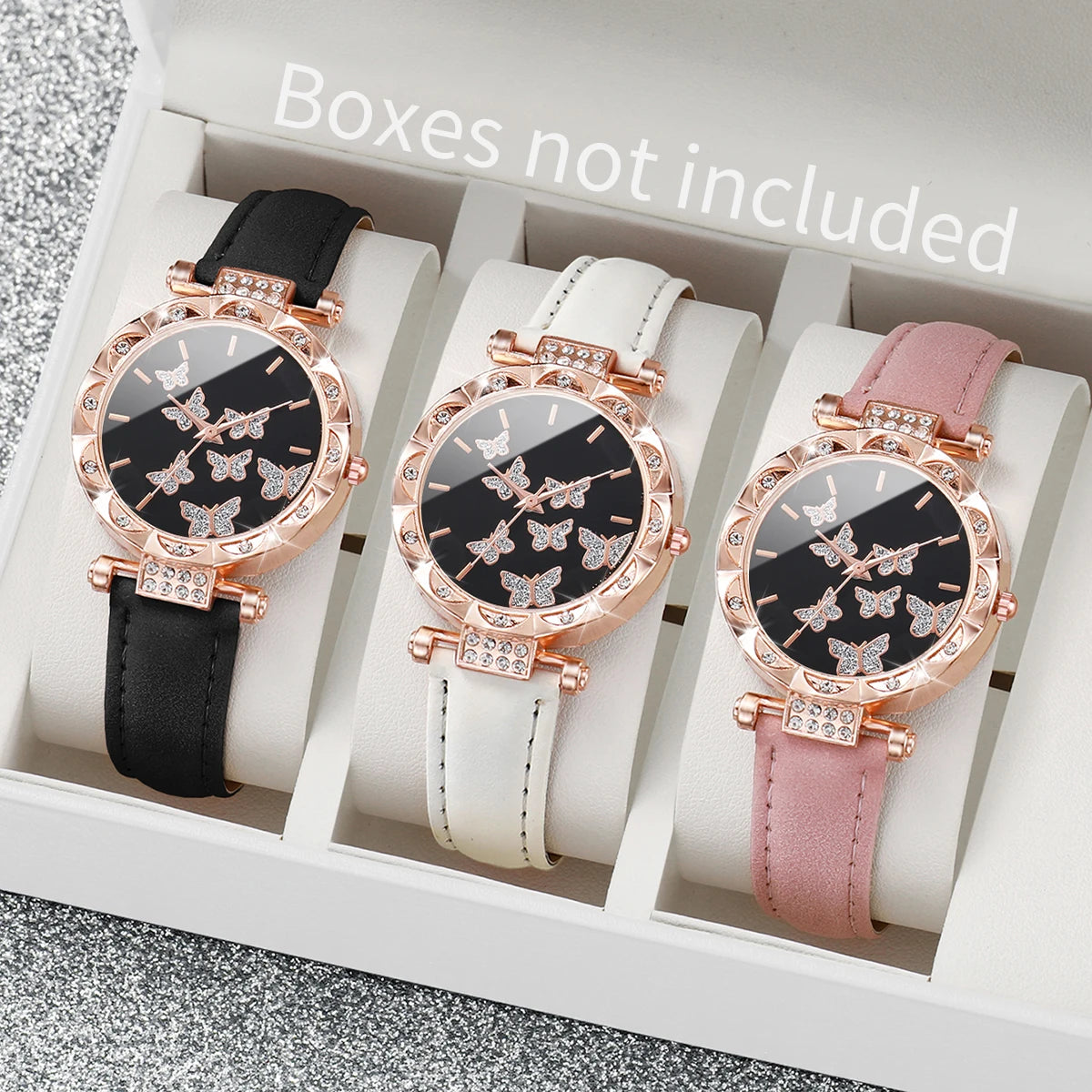 3PCS Women Watches Fashion Rhinestone Heart Dial Quartz Watch Female Leather Band Wristwatches Set（Without Box）