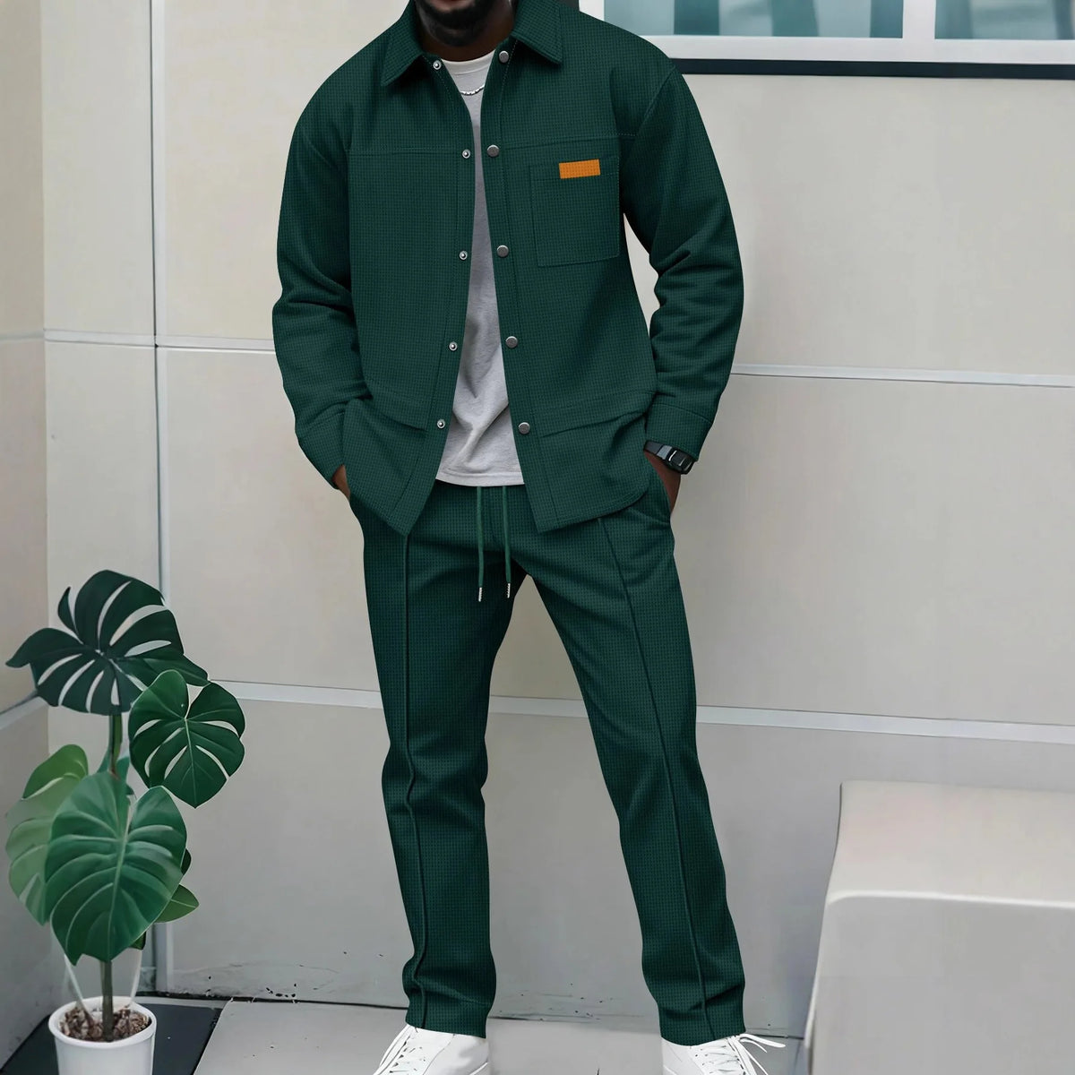 Spring and Autumn Men's High-Quality Waffle Pure Color Placket Pocket Jacket Set - A Stylish and Casual Two-Piece Outfit