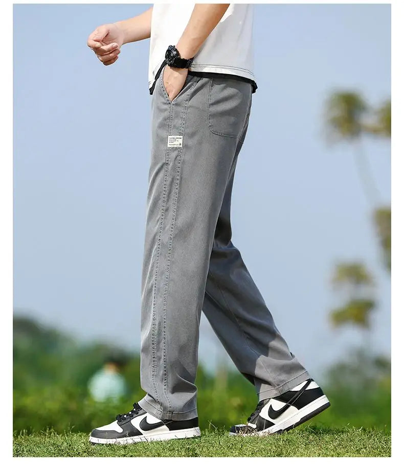 Men's Summer Soft Lyocell Fabric Jeans Thin Loose Straight Denim Pants Drawstring Elastic Waist Casual Trousers Plus Size M-5XL