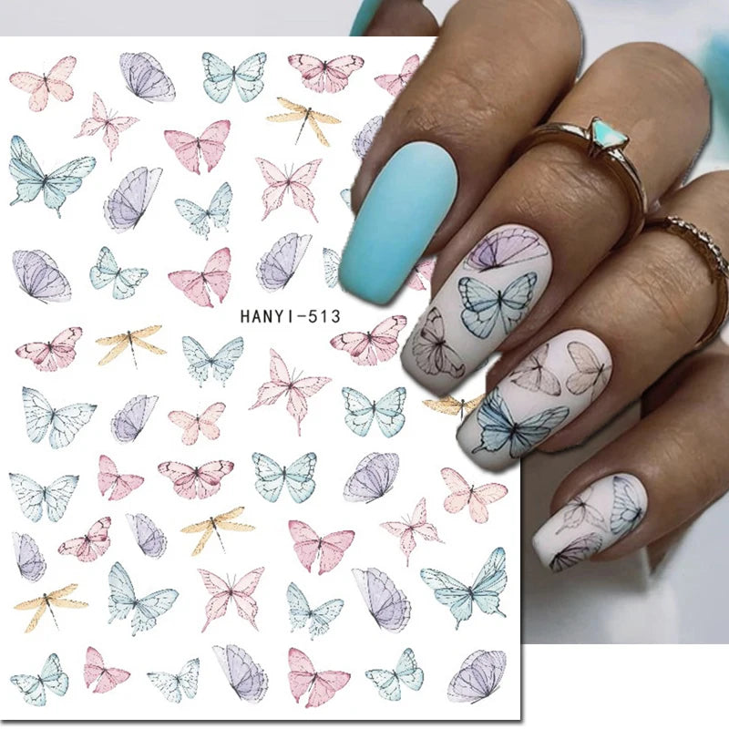 3d Nail Art Decals Watercolor Florals Purple Green Pink Flowers Leafs Fruit Adhesive Sliders Nail Stickers For Manicure