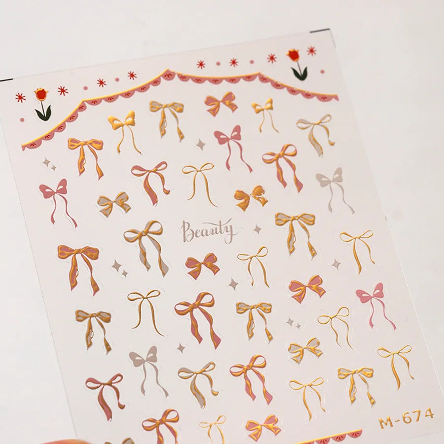5D Pink White Black Bowknot Ribbon Pearl Sweet Bow Nail Sticker Adhesive Nail Art Decoration Parts Stickers Manicure Decals