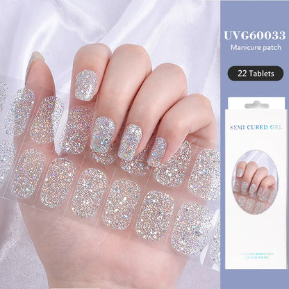 16/22 Tips Semi Cured Gel Nail Stickers for UV Lamp Designer Adhesive Nail Gel Wraps DIY Long-lasting  Nail Decoration