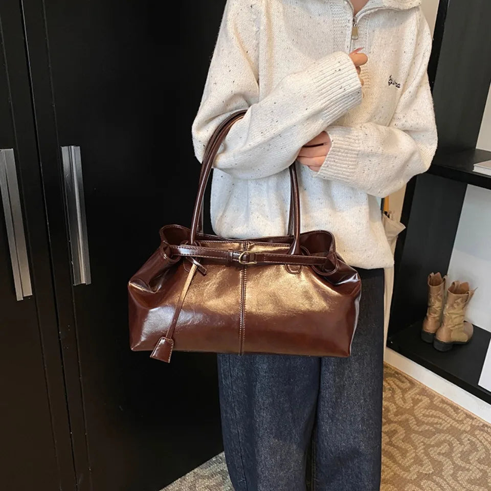Oil PU Leather Hobo Handbag Slouchy Shoulder Bag Retro Top-Handle Bag Large Work Bags for Women Gilrls Tote Work Shopping Travel