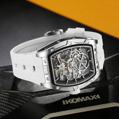 MEGIR Tonneau Skeleton Mechanical Watch Men Sport Wristwatch Silicone Strap Luxury Hollow Dial Male Automatic Mechanical Watches