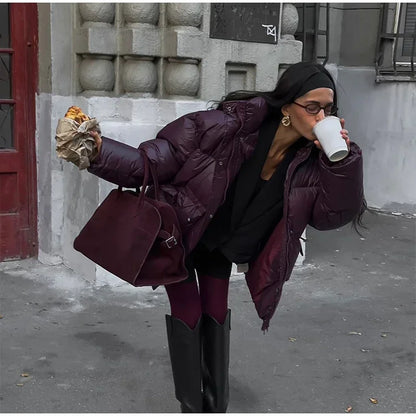 Vintage Zipper Cotton Coat Women Hooded Full Sleeve Pockets Drawstring Overcoats 2025 Winter New Lady Fashion Warm Streetwear