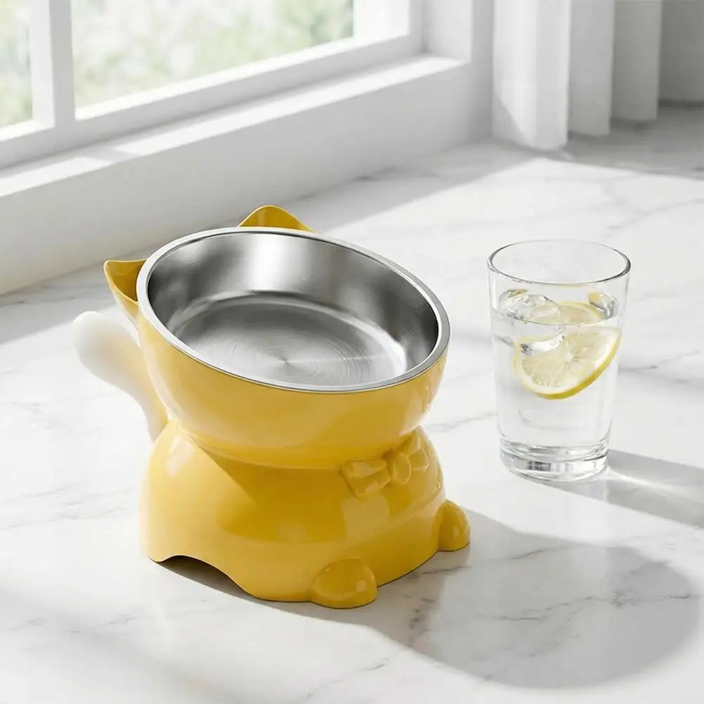 Elevated Stainless Steel Cat Bowl, Inclined Food & Water Dish with Cute Ear Stand, Neck Protection Design for Cats