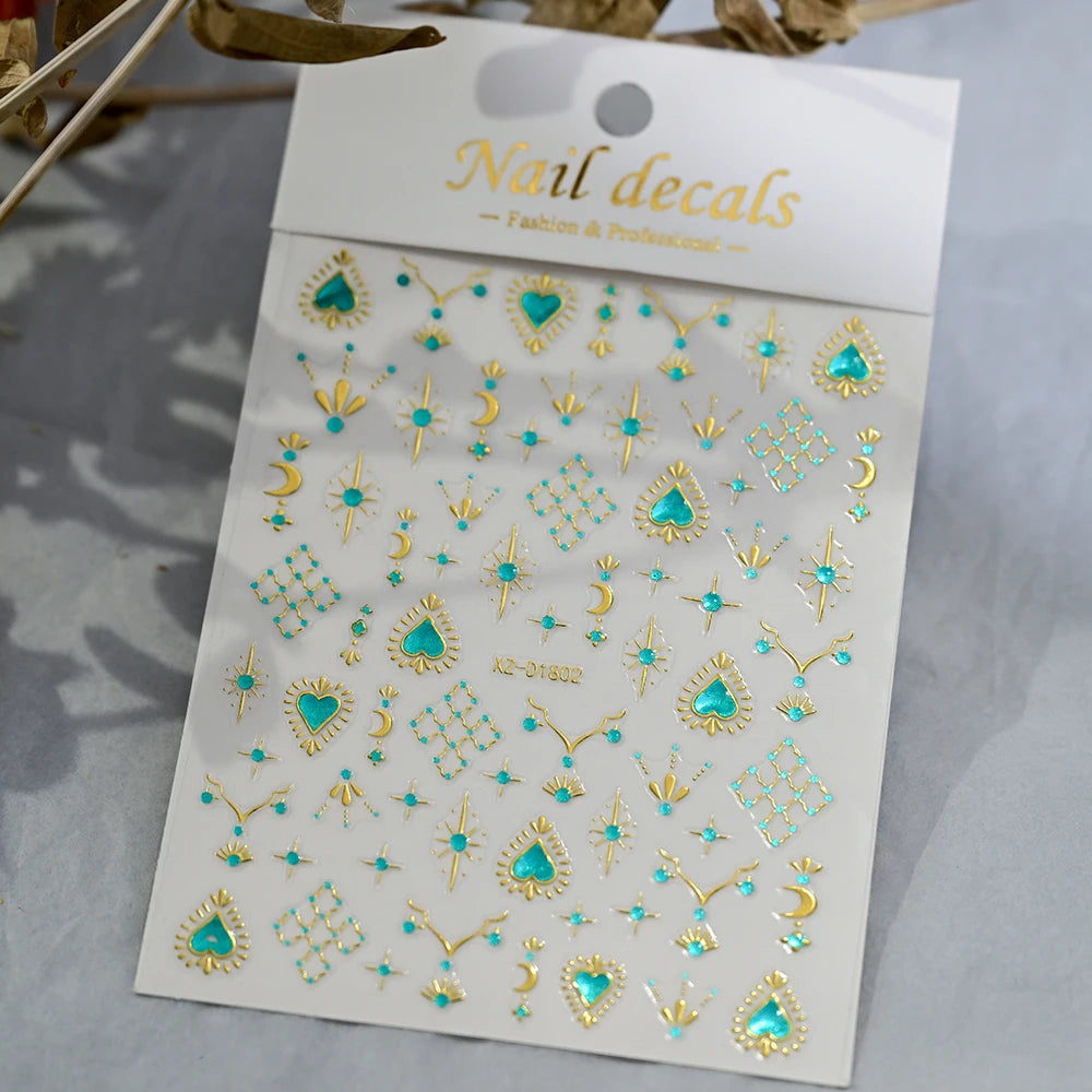 1pcs 3D Bronzing Gold Love Heart Nail Art Stickers Y2K Holographic Stars Sun Starlight DIY Nail Decals Heart Manicure Decoration