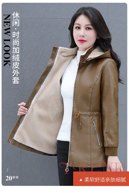 Winter Coat New Fashion Soft Leather Clothes Women's Long Sheep Leather Jacket Plus Velvet Padded Warm Coat