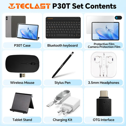 Teclast P30T Case 10.1" Tablet Ai Gemini Android 16 16Gb(3Gb+13Gb Expansion) Ram 128Gb Rom T7250 8-Core All-In-One Keyboard/Case/Mouse/Stylus/Earphones/Tablet Stand