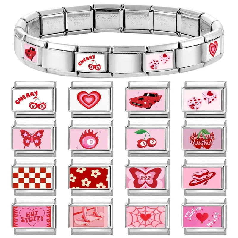 Beautiful Flower Y2K Black Star Dog Heart Pink Italian Charm Link Fit 9mm Stainless Steel Sweet Bracelet Jewelry Making DIY Gift