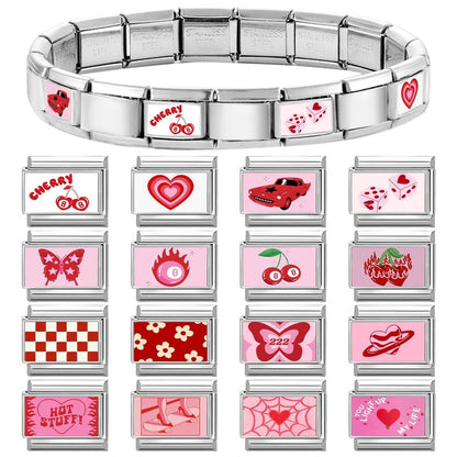 Beautiful Flower Y2K Black Star Dog Heart Pink Italian Charm Link Fit 9mm Stainless Steel Sweet Bracelet Jewelry Making DIY Gift