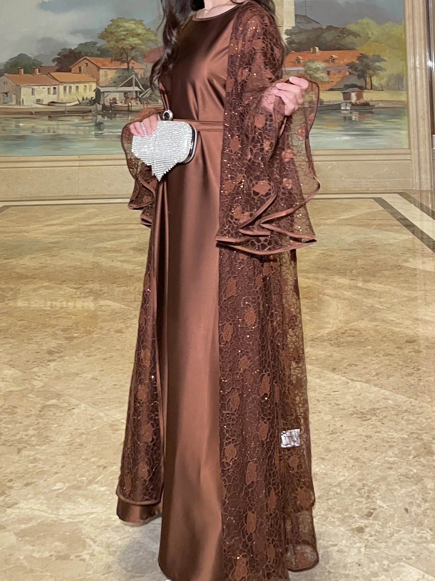 Muslim Women Abaya Dress 2 Piece Set Flare Sleeve Lace Sequin Satin Morocco Caftan Dress Musulman Ensembles Cadigan Outfit Suits