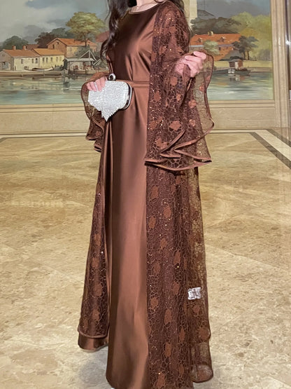 Muslim Women Abaya Dress 2 Piece Set Flare Sleeve Lace Sequin Satin Morocco Caftan Dress Musulman Ensembles Cadigan Outfit Suits