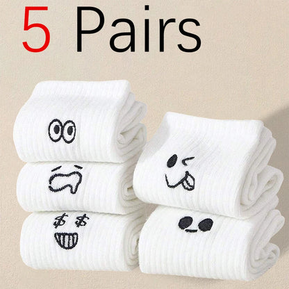 5/10/20 Pairs Men White Cartoon Socks Trendy Versatile Expression Socks With Simple Soft Breathable Comfortable Casual Socks