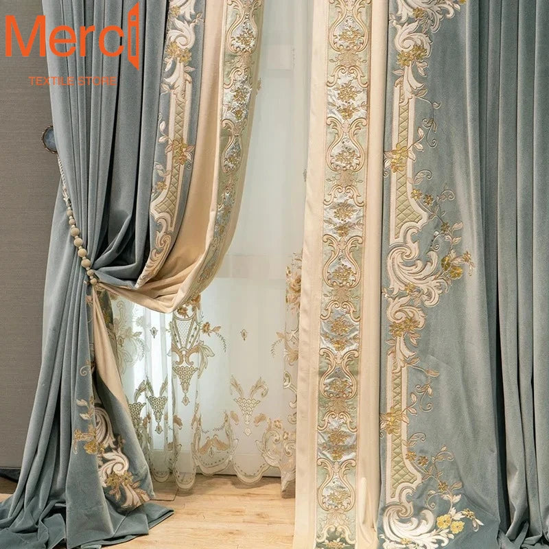 European Embroidered Thickened Blackout Blue Velvet Curtains for Living Room Bedroom Blackout  Lace Luxury Valance Tulle Custom