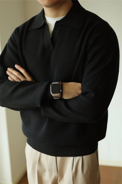 Fashion Solid Color Men Polo Kint Shirt Autumn Long Sleeve Turn-down V-neck Sweater Casual Jumper Tops Men's Knitwear Clothing