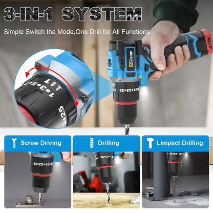 Gisam 95NM Brushless Electric Impact Drill 25+3 Torque 3 in 1 Cordless Electric Screwdriver Portable Power Tools For Home Woodwo
