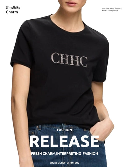 CHCH Summer Women's Elegant T Shirt Casual O-neck Pure Cotton T-Shirt Women Fashion Letter Diamonds Versatile Short Sleeve Tops