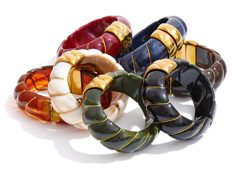 Yhpup Exclusive Multi-Color Acrylic Resin Wide Statement Bracelet Bangle Stainless Steel Autumn Winter Sweater Wrist Jewelry
