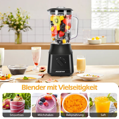 Aigostar Blender and Smoothie Maker, 1.5 Liter Glass Jar, Titanium-Coated Blades, Ice Crush Function, 2 Speeds + Pulse