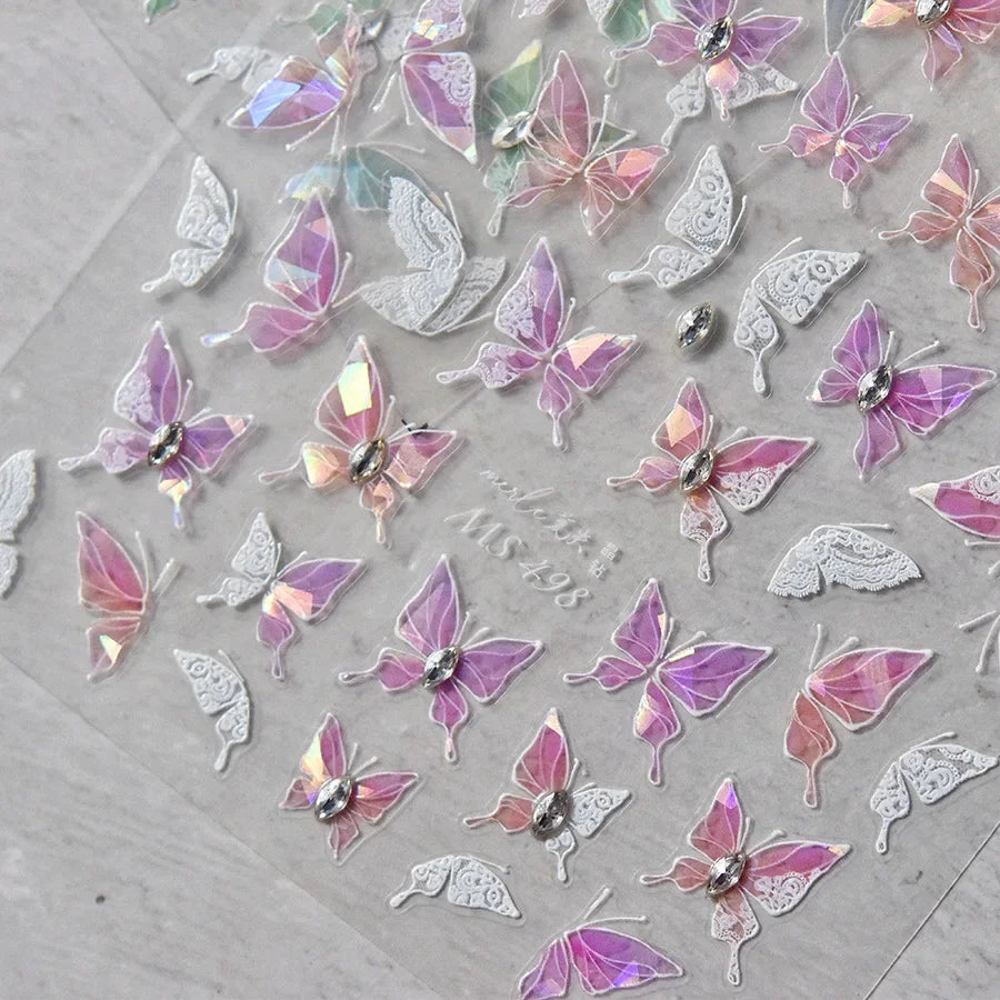 Shiny Jelly Butterfly Charming Golden Gradient Bowknot 5D Self Adhesive Nail Art Sticker Flower Petal Rhinestone Manicure Decals