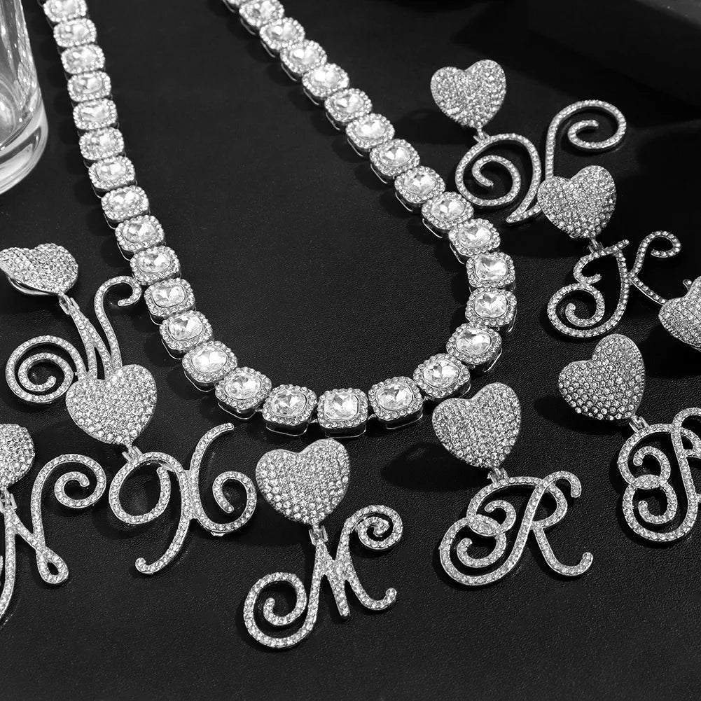 Hip Hop Bling Crystal Cursive Letter Initial Pendant Necklace Women Iced Out Cuban Choker Square Tennis Chain Necklace Jewelry