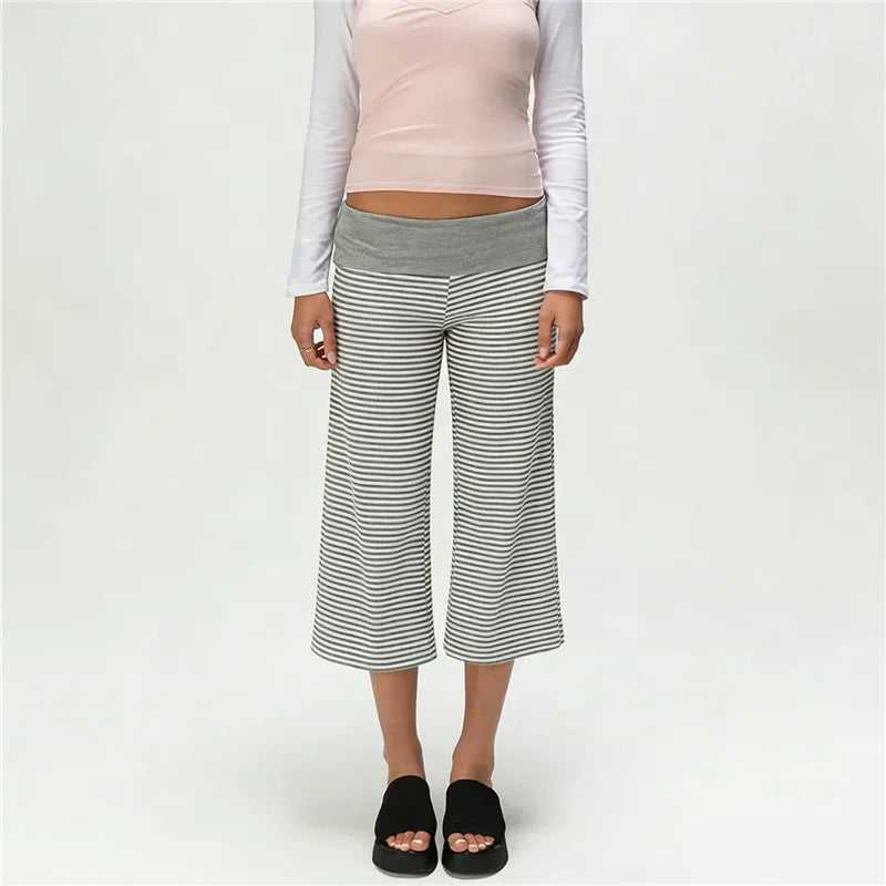 Women Fold Over Waist Gaucho Pants Low Rise Cropped Wide Leg Capri Pants Summer Foldover Culottes Yoga Pants Pajama Bottoms