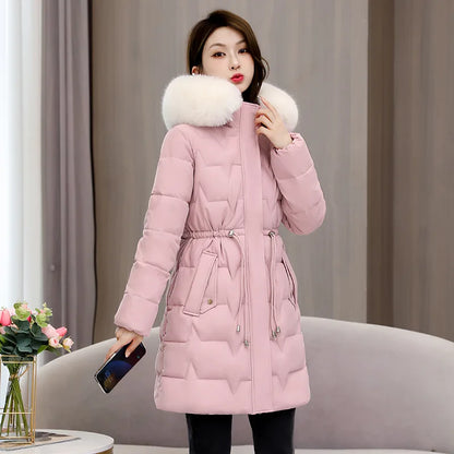 Hooded Women Parkas Coats Mid LenthJackets  Oversize Solid Fur Collar Zipper Drawstring Waist Loose Casual 2025 Autumn Winter