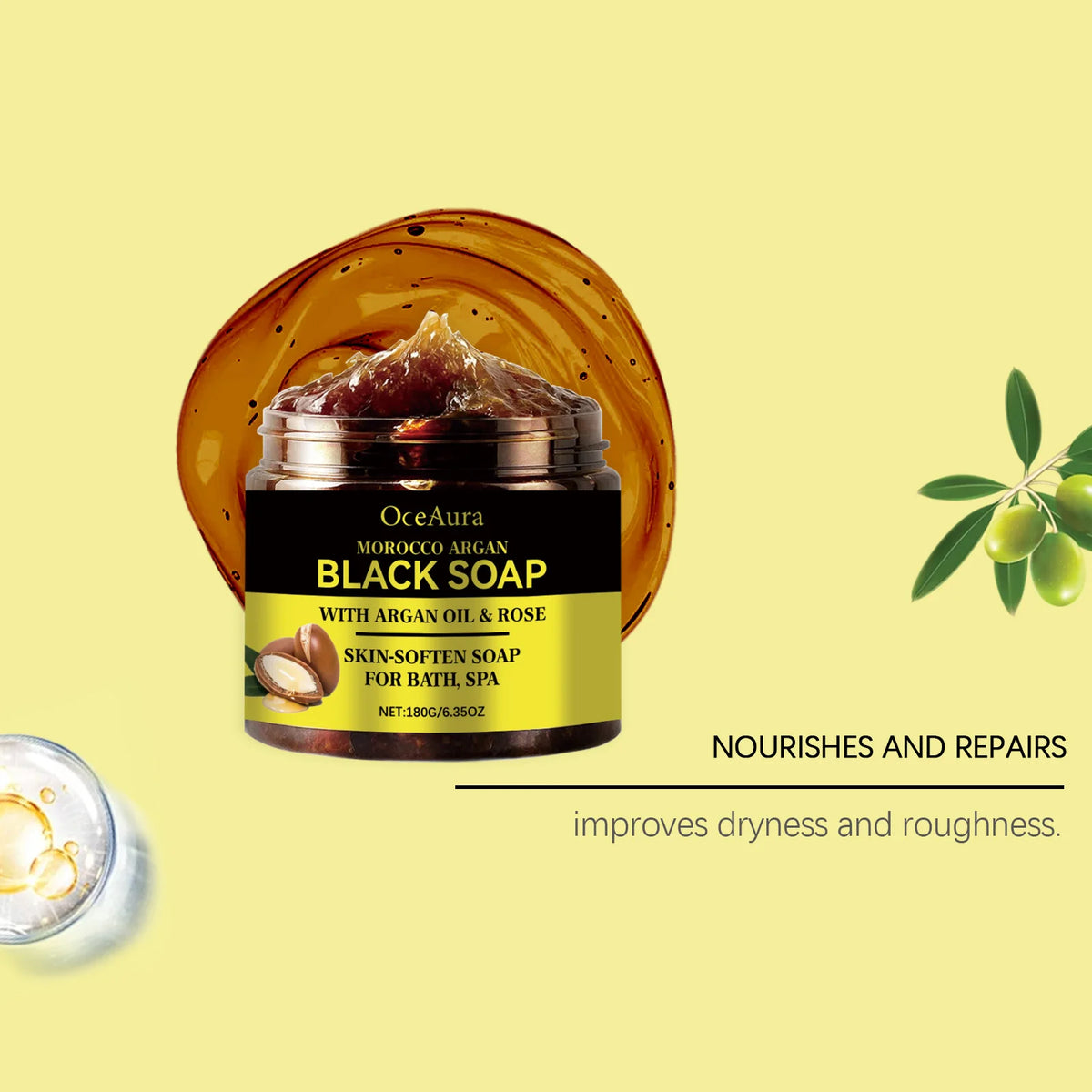 OceAura Black Soap Morocco Argan Oil Exfoliating Body Smooth Soft Professional Skin Cleaning Spa Rose Flower Oil Bath Soap 180g