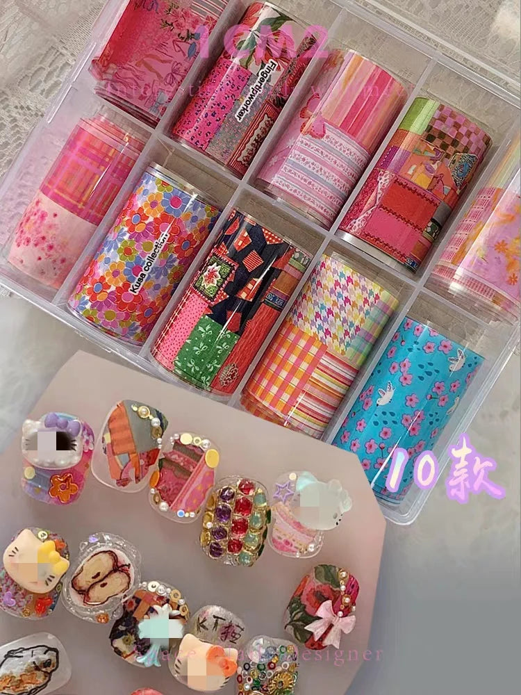 10Rolls Plaid Thousand-Bird Bow  Stars Nail Foils Transfer Paper  Nail Art Stickers  Manicure Set Decal  Nails Decoration