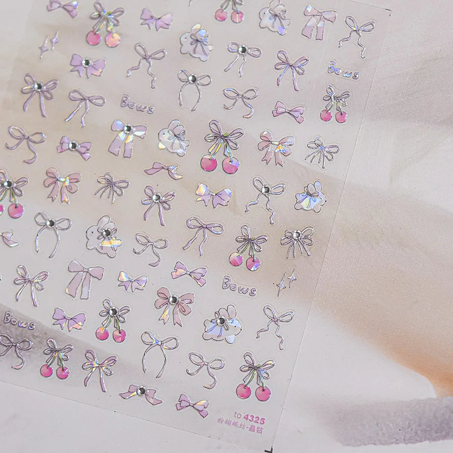 Lovely Red Fruit Strawberry Cherry Bowknot Love Heart Star Silk Ribbon 5D Nail Art Stickers Chic Self Adhesive Manicure Decal