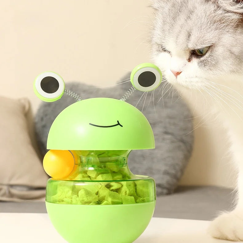 Frog Wobbler Cat Toy with Feather Teaser Spin Tipping Motion Treat Dispenser Self Feeder for Indoor Solo Play