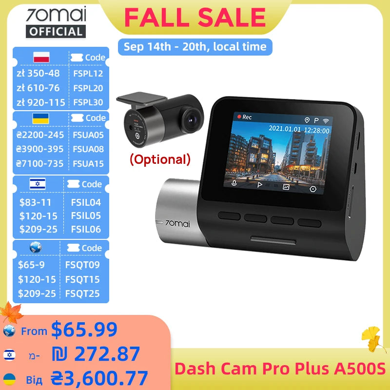 70mai Dash Cam Pro Plus A500S 1944P ADAS GPS Camera 70mai Front Cam A500S 140FOV Car DVR 24H Parking Support Rear Interior Cam