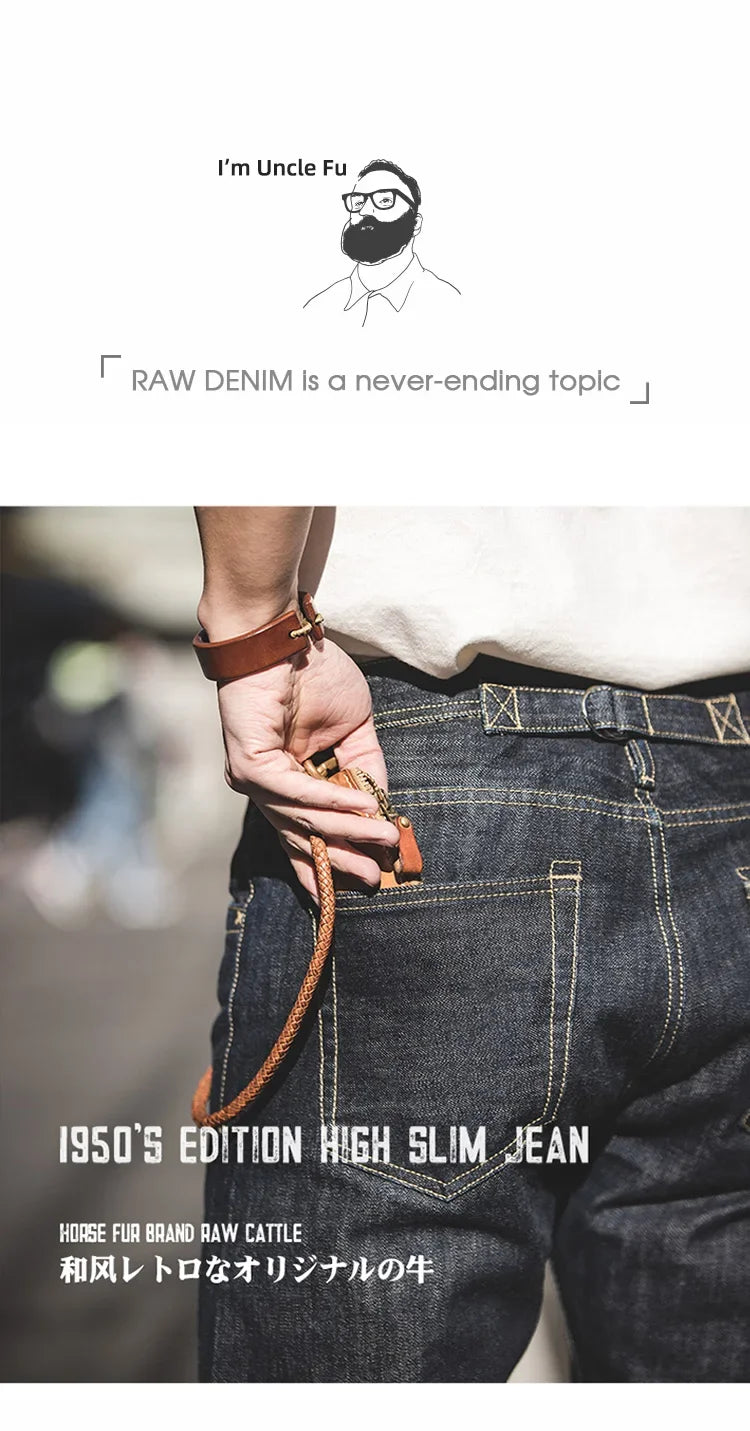 Maden Vintage Raw Denim Jeans for Men 14.8 OZ Jeans Denim Washed Straight Tapered Fit Pants Mid Waist Casual Trousers