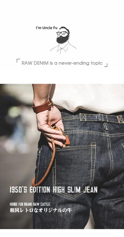 Maden Vintage Raw Denim Jeans for Men 14.8 OZ Jeans Denim Washed Straight Tapered Fit Pants Mid Waist Casual Trousers