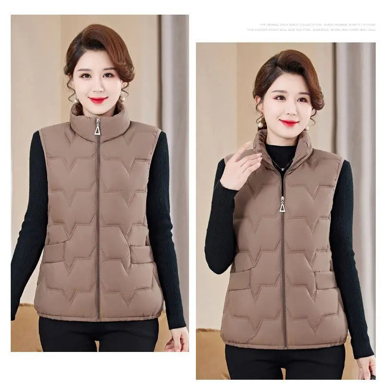 Fashion Women Down Cotton Jackets Vests Solid Stand Collar Zipper Cardigan Thicken Autumn Winter Warm Casual Sleeveless Coats
